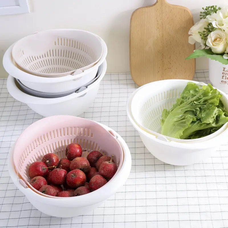 Rotating Double Layer Kitchen Basket - Fruit & Veggie Drainer